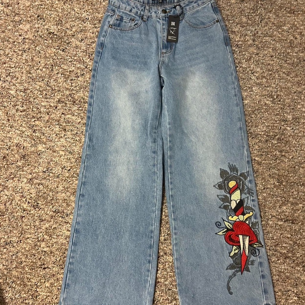 Ed Hardy Light Blue Flare Jeans with Red Embroidery